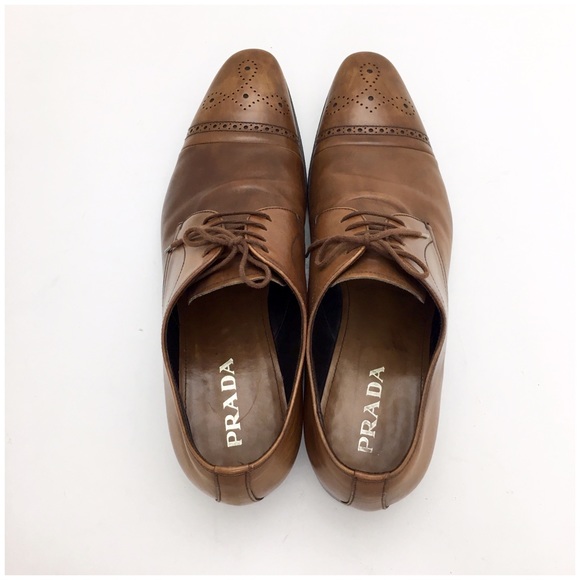 Prada Cap-Toe Oxford Leather Dress Shoes Tan Brown - Picture 5 of 8